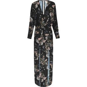 Sheike Midnight blooms dress. A long sleeve dress with plunging neck line and two front slits. the colour of the dress is pastel floral pattern on a dark fabric