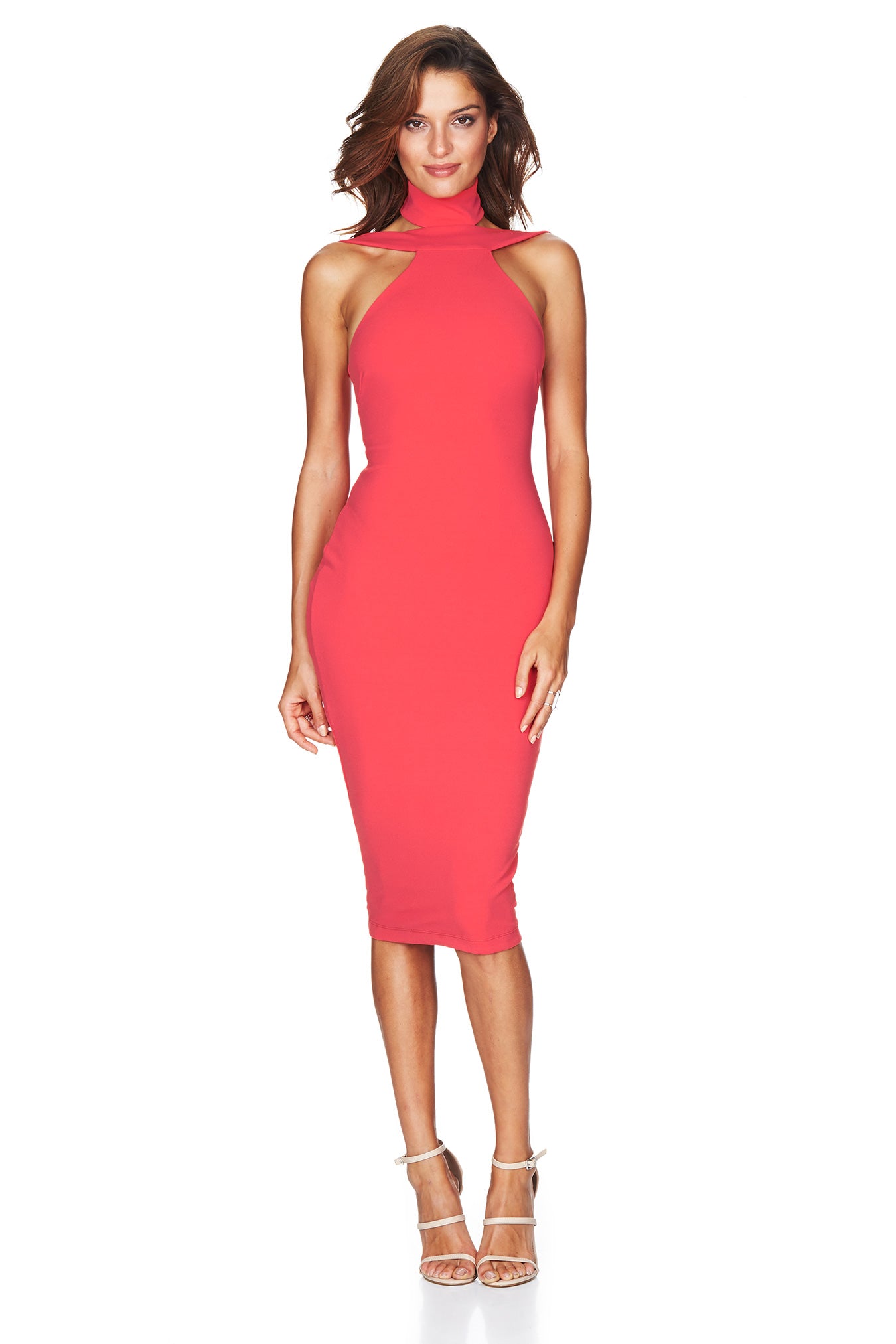 Nookie Celestial Midi Dress. salmon pink dress high neck cut out shoulders midi length