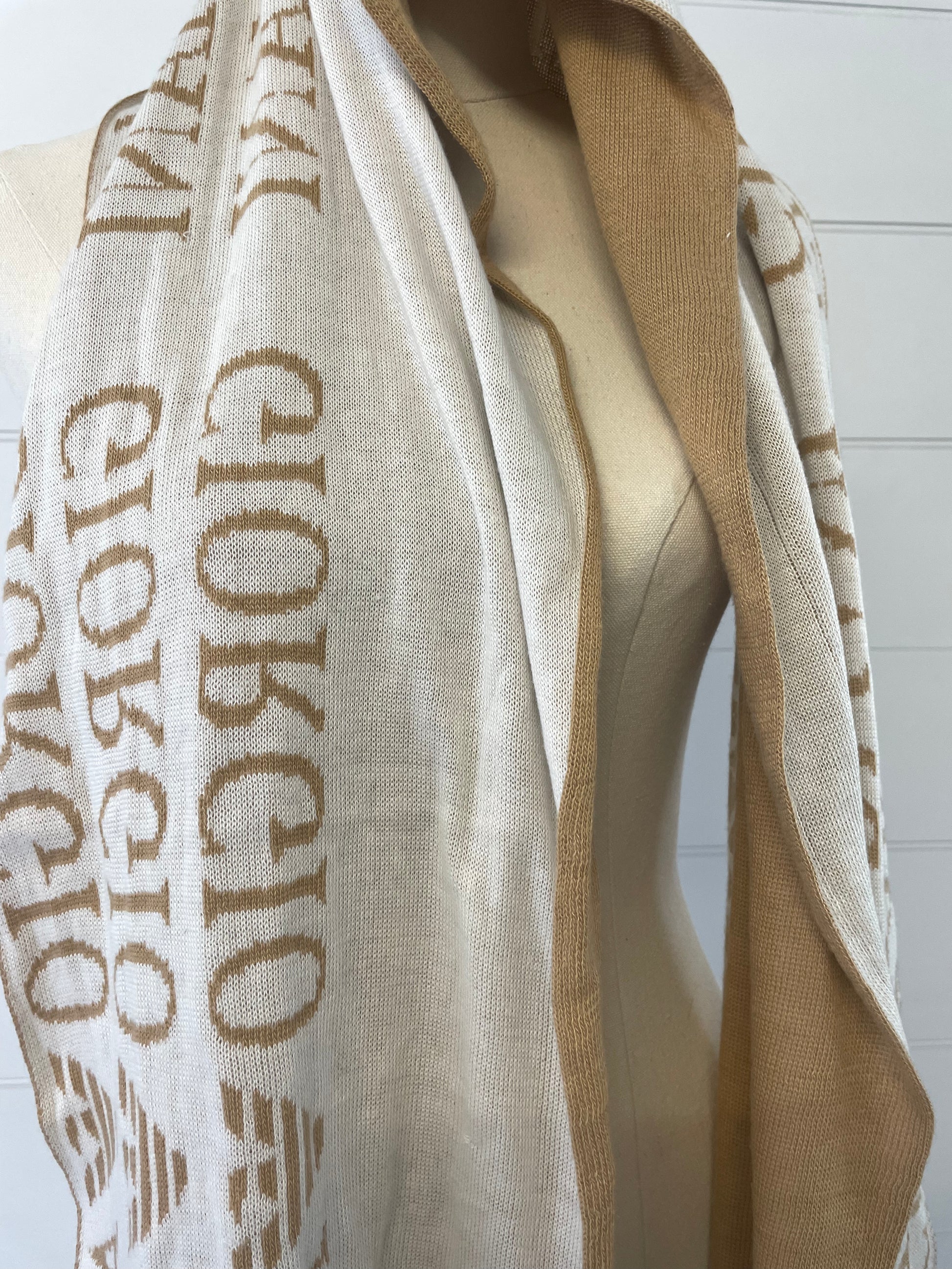 Giorgio Armani 100% wool scarf. Camel colour with white font and orange hem inside out 