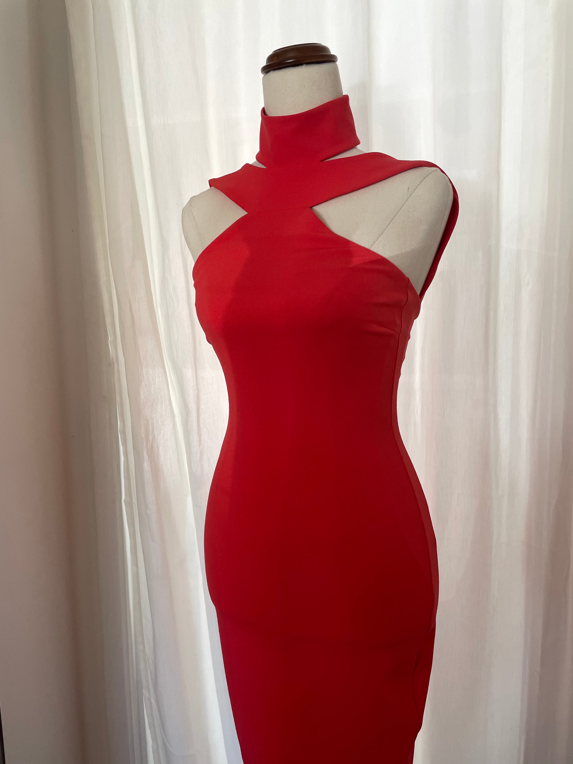 Nookie Celestial Midi Dress. salmon pink dress high neck cut out shoulders midi length