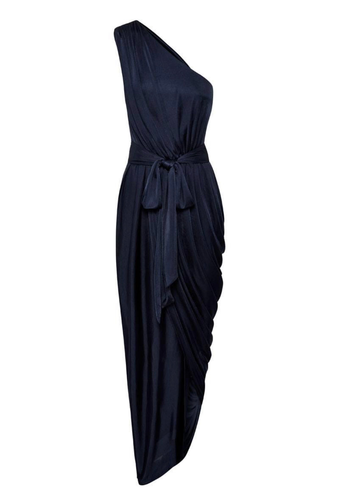 Sheike navy blue cocktail dress. one shoulder, draping material with leg split and waist tie