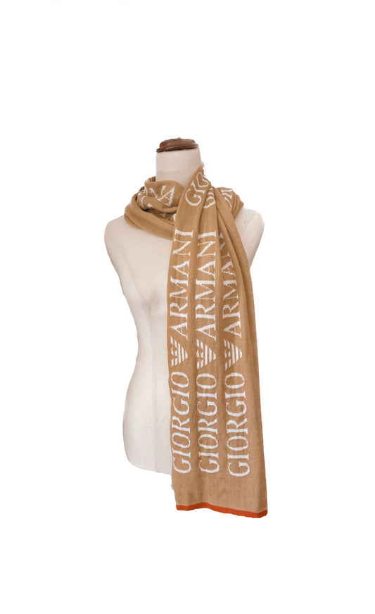 Giorgio Armani 100% wool scarf. Camel colour with white font and orange hem