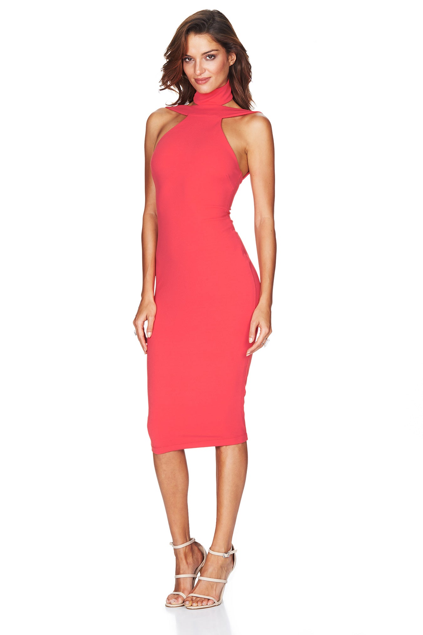 Nookie Celestial Midi Dress. salmon pink dress high neck cut out shoulders midi length front view
