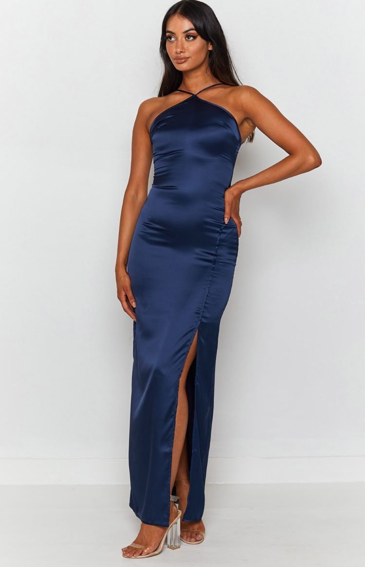 blue halter long maxi satin formal dress with split
