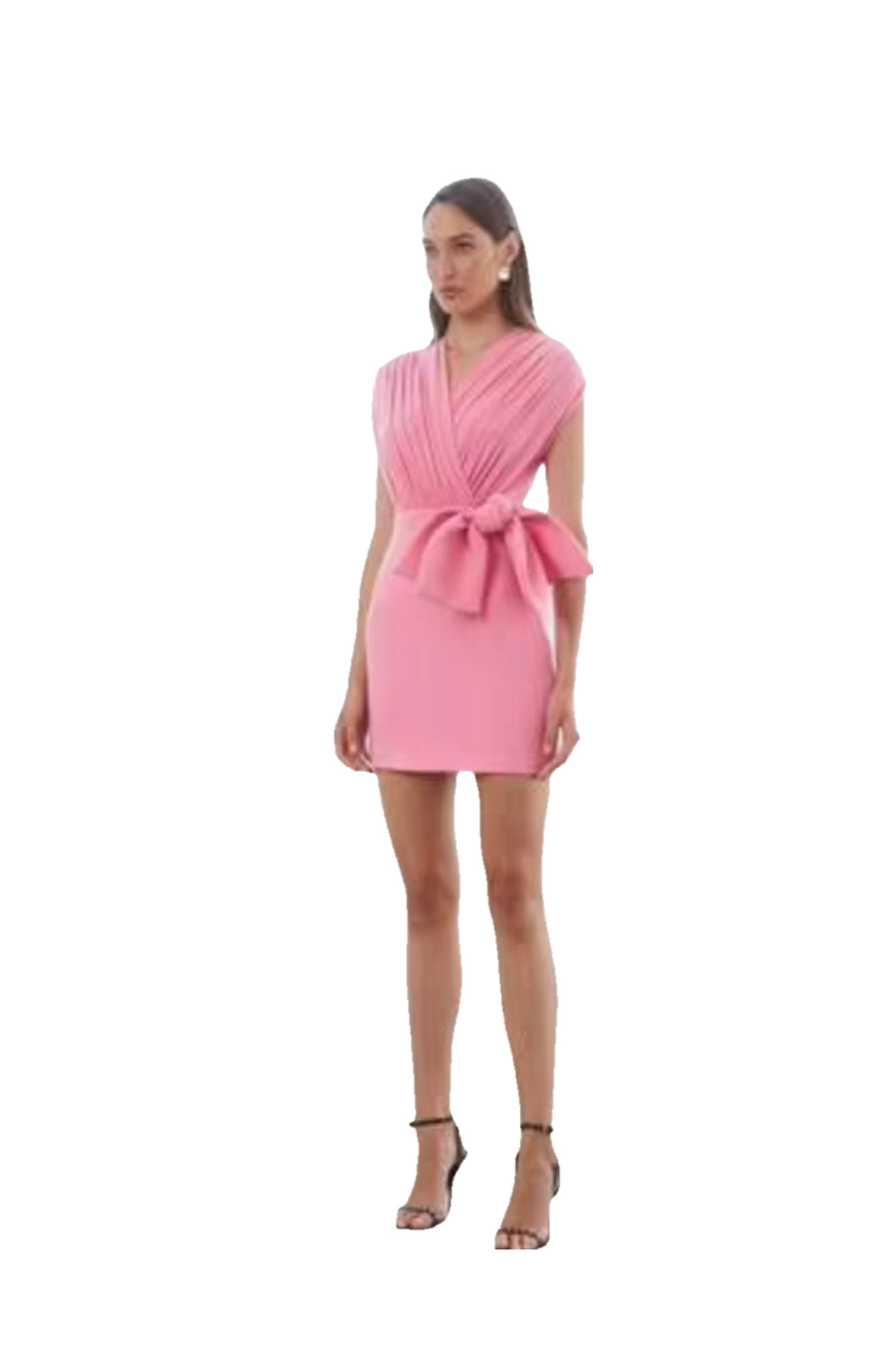 By Johnny designer dress for sale, pink Gloria Bow Drape new with tags. Wide over shoulder with big bow pink mini dress. woman standing wearing black strappy heels