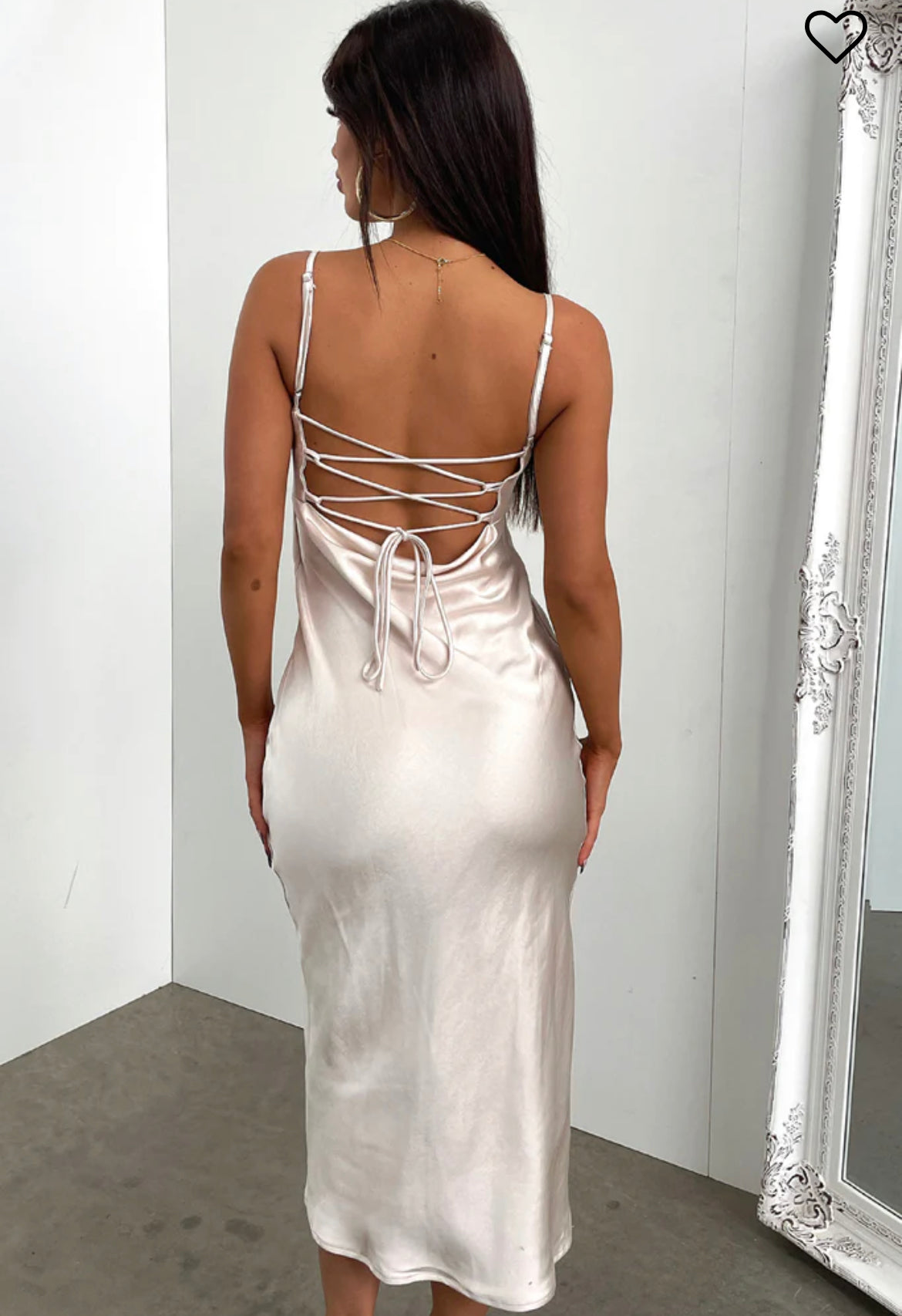 The amaryllis Midi Dress in Ivory beginning boutique, wedding, cocktail or birthday dress. satin. tie up back