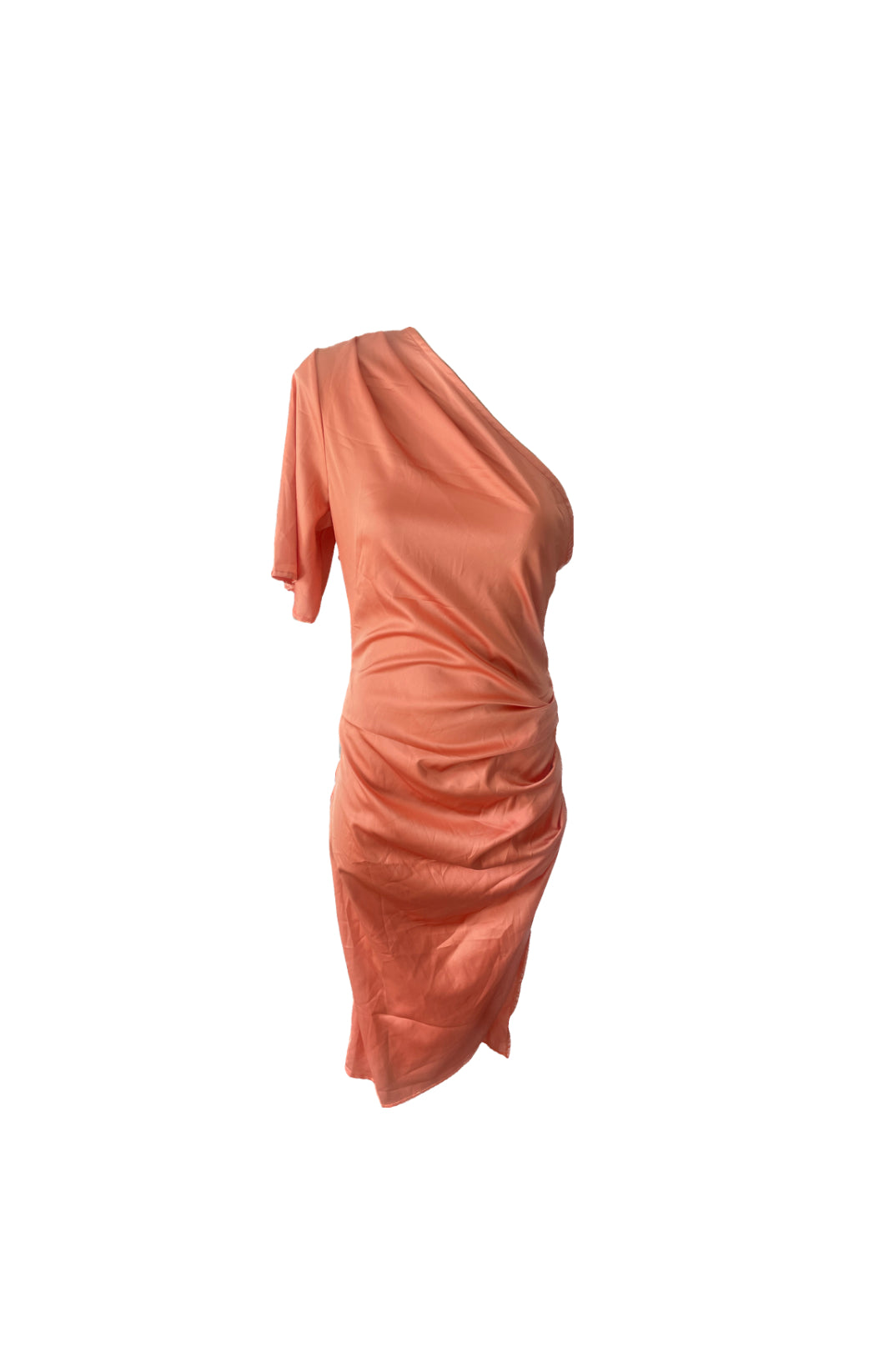 one shoulder salmon peach colour dress mid length ruched side from CBR label front view