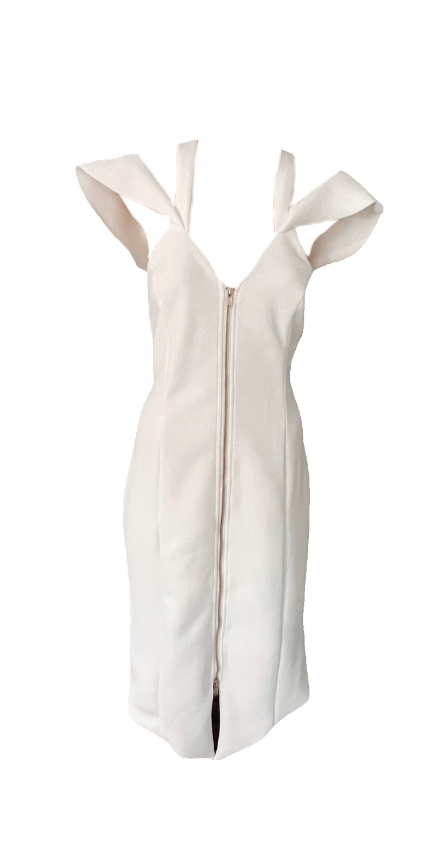 White, Ivory midi dress with off the shoulder ruffle straps and a thick gold middle zip. 