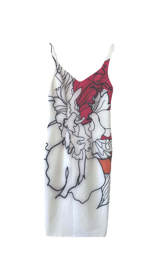 By Johnny water colour abstract art work dress with pink and orange hues outline of floral 