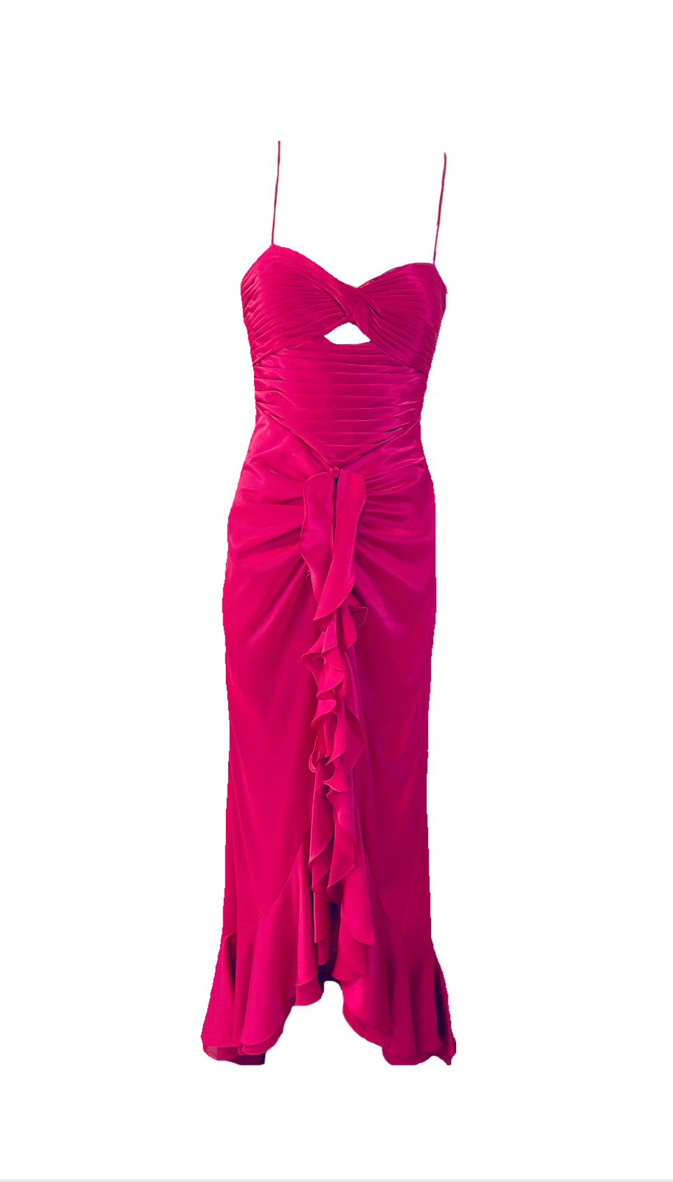 Fuschia pink hot pink prom and formal dress, front gathered, ruffled bust with ruffled middle split